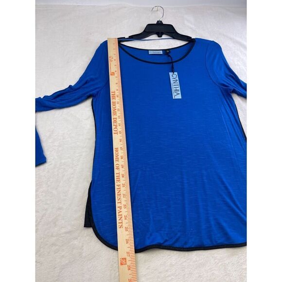 Cynthia Blue Long Sleeve Blouse Size S Lightweight Top Black Trim NWT - Picture 7 of 8